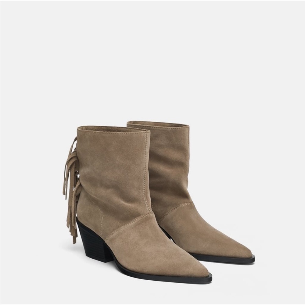 Zara Taupe Gray Suede Leather Fringe Ankle Boots